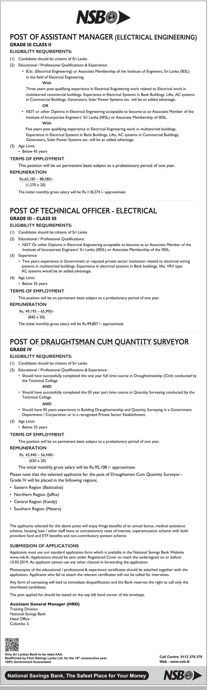 Assistant Manager, Technical Officer, Draughtsman Cum Quantity Surveyor - National Savings Bank (NSB)